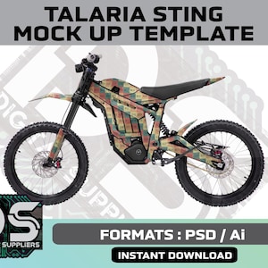 以下が含まれることがあります： Talaria Sting電動バイクのデジタルモックアップテンプレート。バイクはカラフルな迷彩柄です。画像には「TALARIA STING MOCK UP TEMPLATE」、「DIGITAL SUPPLIERS」、「FORMATS: PSD / Ai」および「INSTANT DOWNLOAD」というテキストが含まれています。