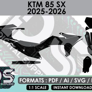 Peut inclure: Un modèle numérique pour des autocollants de moto KTM 85 SX 2025-2026. Le graphique présente des silhouettes noires de panneaux de carénage sur fond clair avec le texte KTM 85 SX 2025-2026, FORMATS : PDF / Ai / SVG / EPS, 1:1 SCALE, INSTANT DOWNLOAD.