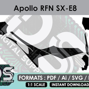 Könnte beinhalten: Schwarz-weiße digitale Designelemente für den Apollo RFN SX-E8. Das Bild enthält den Text "Apollo RFN SX-E8", "DIGITAL SUPPLIERS" und "FORMATS: PDF / Ai / SVG / EPS". Enthält auch "1:1 SCALE" und "INSTANT DOWNLOAD".