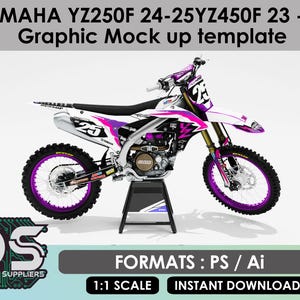 May include: A white Yamaha YZ250F motocross bike with pink and purple graphics. The bike is on a stand and has a purple rim on the front wheel.