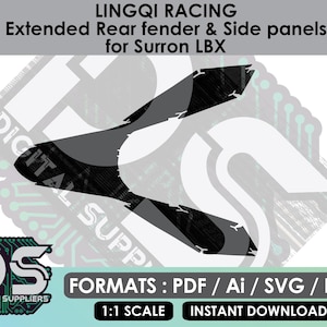 以下が含まれることがあります： Surron LBX用Lingqi Racing製延長リアフェンダーおよびサイドパネルのデジタルファイル。グラフィックにはパーツの黒いシルエットが描かれています。テキストには、LINGQI RACING、Extended Rear fender & Side panels for Surron LBX、FORMATS: PDF / Ai / SVG / EPS、1:1 SCALE、INSTANT DOWNLOAD、DIGITAL SUPPLIERSが含まれています。