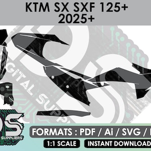 Op de afbeelding: Zwart-witte digitale grafische ontwerptemplate voor een KTM SX SXF 125+ motorfiets, model 2025+. Het ontwerp bevat de tekst "KTM SX SXF 125+ 2025+" en een afbeelding van de motorfiets.