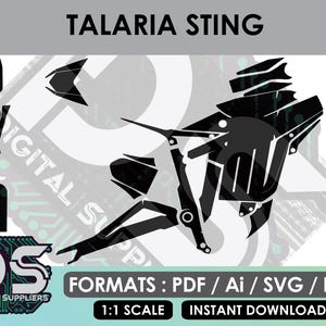 May include: A black and white digital graphic of a futuristic vehicle, titled "TALARIA STING." The image shows component outlines and the text "FORMATS: PDF / Ai / SVG / EPS" and "1:1 SCALE INSTANT DOWNLOAD."