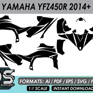 Puede incluir: Diseño gráfico en blanco y negro para una motocicleta Yamaha YFZ450R 2014+. El diseño incluye una variedad de formas y líneas, y el texto "YAMAHA YFZ450R 2014+" es visible en la parte superior de la imagen. El texto "FORMATS: Ai / PDF / EPS / SVG / PNG" y "1:1 SCALE INSTANT DOWNLOAD" también es visible en la parte inferior de la imagen.