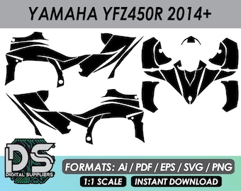 May include: Black and white graphic design for a Yamaha YFZ450R 2014+ motorcycle. The design includes a variety of shapes and lines, and the text "YAMAHA YFZ450R 2014+" is visible at the top of the image. The text "FORMATS: Ai / PDF / EPS / SVG / PNG" and "1:1 SCALE INSTANT DOWNLOAD" are also visible at the bottom of the image.