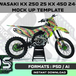 May include: A Kawasaki KX 250/450 dirt bike mock-up template. The bike features a colorful, patterned design on the body and a black frame. The image includes the text "KAWASAKI KX 250 25 KX 450 24-25 MOCK UP TEMPLATE".