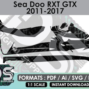 Peut inclure: Un ensemble de décalcomanies vectorielles noires pour motomarine Sea Doo RXT GTX 2011-2017. Le design comprend plusieurs formes profilées pour les panneaux de carrosserie. Le texte inclut Sea Doo RXT GTX 2011-2017, Digital Suppliers et les formats PDF, Ai, SVG, EPS.