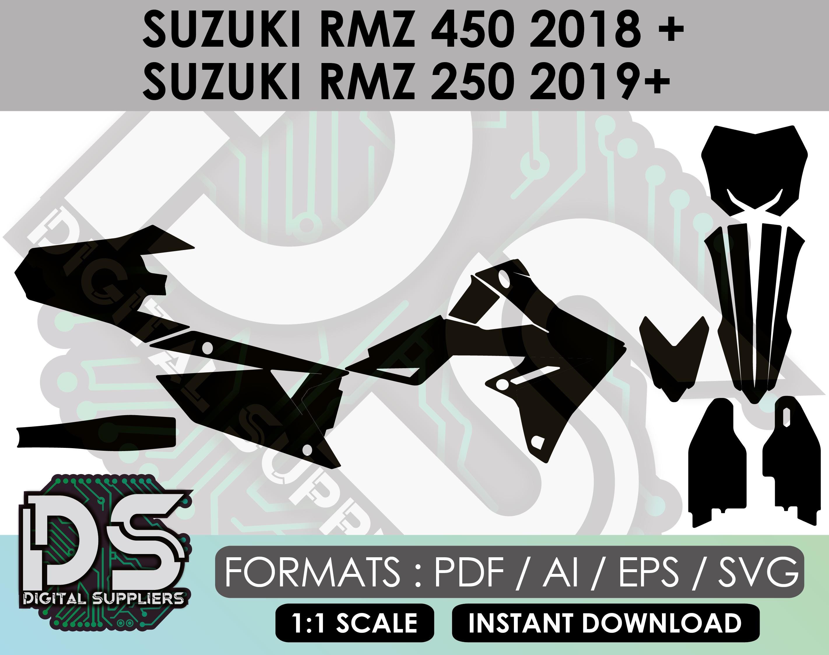 Suzuki RMZ 450 2018 + // RMZ 250 2019+ vector templates for custom motocross sticker graphic kit / eps / ai / svg / pdf