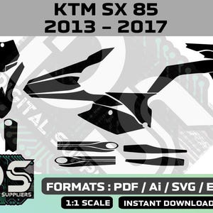 Puede incluir: Plantilla de diseño gráfico digital en blanco y negro para una motocicleta KTM SX 85, 2013-2017. El diseño incluye varias formas y líneas que se pueden utilizar para crear gráficos personalizados para la motocicleta.