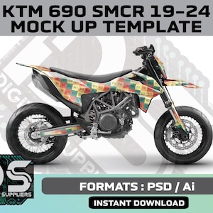 May include: A KTM 690 SMCR 19-24 motorcycle mock-up template. The motorcycle features a colourful design with various number blocks. The image includes the text "KTM 690 SMCR 19-24 MOCK UP TEMPLATE" and "FORMATS: PSD / Ai INSTANT DOWNLOAD".