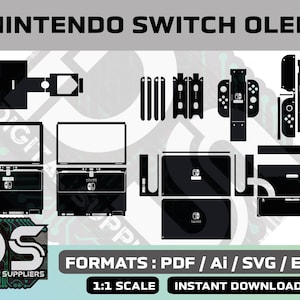 May include: Black and white digital cut file design for a Nintendo Switch OLED console skin. The design includes the console, the Joy-Cons, and the dock. The design is labeled "Nintendo Switch OLED" and includes the text "Formats: PDF / Ai / SVG / EPS" and "1:1 Scale Instant Download".