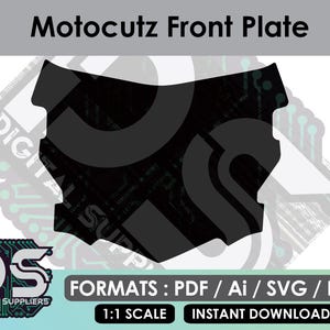 May include: A black Motocutz front plate graphic design template. The image includes the text Motocutz Front Plate, Digital Suppliers, and Formats: PDF / Ai / SVG / EPS, 1:1 Scale, Instant Download. The design features a circuit board pattern.
