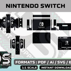 Könnte beinhalten: Schwarz-weißes digitales Download-Template für eine Nintendo Switch Konsolenhaut. Die Vorlage enthält alle Teile, die benötigt werden, um die Konsole, die Controller und das Dock abzudecken. Der Text auf der Vorlage lautet "Nintendo Switch".