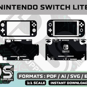 May include: Black and white digital template for a Nintendo Switch Lite console skin. The template includes the front and back of the console, as well as the joy-cons. The template is labelled "Nintendo Switch" and is available in PDF, AI, SVG, and EPS formats.