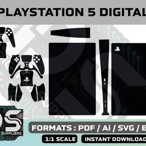 Puede incluir: Descarga digital de un diseño de piel para consola PlayStation 5. El diseño incluye una ilustración en blanco y negro de la consola, el mando y otras partes. El texto "PLAYSTATION 5 DIGITAL" está en la parte superior de la imagen. El texto "FORMATS: PDF / Ai / SVG / EPS" está en la parte inferior de la imagen. El texto "1:1 SCALE" y "INSTANT DOWNLOAD" también están en la parte inferior de la imagen.