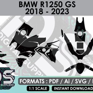 May include: A digital graphic of a BMW R1250 GS motorcycle, model years 2018-2023, with various component outlines in black. The image includes the text "DIGITAL SUPPLIERS" and "FORMATS: PDF / Ai / SVG / EPS". It also states "1:1 SCALE INSTANT DOWNLOAD".