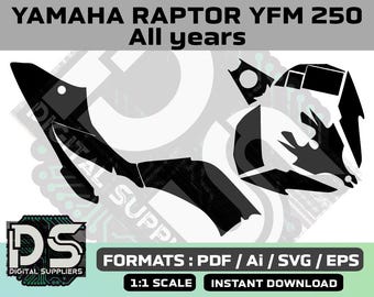 May include: Black and white silhouette of a Yamaha Raptor YFM 250 ATV. The image includes the text "YAMAHA RAPTOR YFM 250 All years".  The image also includes the text "FORMATS: PDF / Ai / SVG / EPS 1:1 SCALE INSTANT DOWNLOAD".