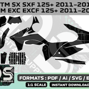 Op de afbeelding: Zwart-wit grafisch ontwerp van motorfiets stickers voor KTM SX SXF 125+ 2011-2012 en KTM EXC EXCF 125+ 2011-2013. Het ontwerp omvat verschillende vormen en maten stickers voor de motorfiets.