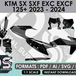 Op de afbeelding: Zwart en grijs grafisch ontwerp voor een KTM SX SXF EXC EXCF 125+ 2023-2024 motorfiets. De afbeelding bevat verschillende vormen en contouren van motorfietsonderdelen. De tekst bevat "DIGITAL SUPPLIERS", "FORMATS: PDF / Ai / SVG / EPS", "1:1 SCALE" en "INSTANT DOWNLOAD".