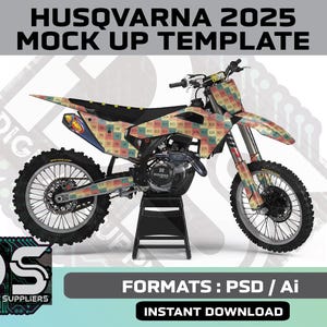 May include: A Husqvarna 2025 motorcycle mock-up template. The motorcycle features a colourful patterned design. The image includes the text "HUSQVARNA 2025 MOCK UP TEMPLATE", "FORMATS: PSD / Ai", and "INSTANT DOWNLOAD".