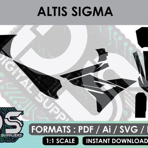以下が含まれることがあります： ALTIS SIGMAというタイトルのデジタルグラフィックファイルで、明るい背景に黒い幾何学的な形状とパターンが配置されています。画像には、FORMATS: PDF / Ai / SVG / EPS、1:1 SCALE、INSTANT DOWNLOADというテキストと、DSロゴが含まれています。