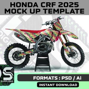 以下が含まれることがあります： ホンダCRF 2025のモックアップテンプレート。オートバイは、ボディとシートにカラフルな幾何学模様が特徴です。画像には「HONDA CRF 2025 MOCK UP TEMPLATE」、「DIGITAL SUPPLIERS」、「FORMATS: PSD / Ai」および「INSTANT DOWNLOAD」というテキストが含まれています。