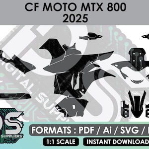 Puede incluir: Diseño gráfico digital para un CF MOTO MTX 800 2025. El diseño presenta varias piezas de vehículos en negro y gris, con el texto "CF MOTO MTX 800 2025". La imagen también incluye el texto "FORMATOS: PDF / Ai / SVG / EPS", "1:1 SCALE" e "INSTANT DOWNLOAD".