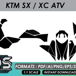 Op de afbeelding: Digitale download van een KTM SX / XC ATV-ontwerp in de formaten PDF, AI, PNG, EPS en SVG. Het ontwerp is op schaal 1:1 en bevat de tekst "DS DIGITAL SUPPLIERS".