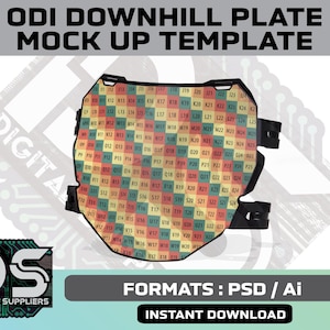 May include: A mock-up template for an ODI downhill plate. The plate features a colorful, checkered design with various numbers and letters. The image also includes the text "DIGITAL SUPPLIERS", "FORMATS: PSD / Ai", and "INSTANT DOWNLOAD".