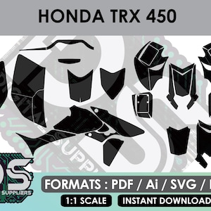 May include: Black graphic design for a Honda TRX 450. The image includes the text "HONDA TRX 450" at the top. The bottom of the image includes the text "DIGITAL SUPPLIERS" and "FORMATS: PDF / Ai / SVG / EPS".