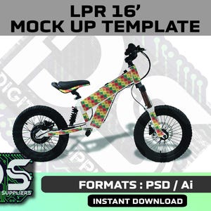 May include: A digital mockup of an electric bicycle with a vibrant geometric design. The image displays the text "LPR 16' MOCK UP TEMPLATE" and "FORMATS: PSD / Ai". The bike features black tyres and a patterned seat.