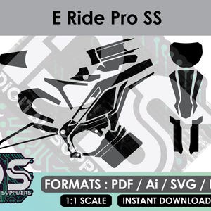Könnte beinhalten: Ein digitales Aufkleber-Set für das E Ride Pro SS mit schwarzen geometrischen Formen und Paneelen. Das Bild enthält den Text E Ride Pro SS, DS DIGITAL SUPPLIERS, FORMATS: PDF / Ai / SVG / EPS, 1:1 SCALE und INSTANT DOWNLOAD auf hellem Grund.
