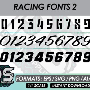 Puede incluir: Una descarga digital de tres estilos de fuente de carreras diferentes para los números del 0 al 9. Las fuentes son en blanco y negro y se muestran sobre un fondo blanco. El texto "RACING FONTS 2" está en la parte superior de la imagen. El texto "FORMATS: EPS/SVG/PNG/AI/PDF" está en la parte inferior de la imagen. El texto "1:1 SCALE" y "INSTANT DOWNLOAD" también están en la parte inferior de la imagen.