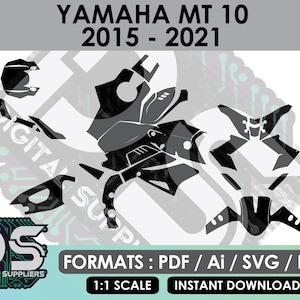 以下が含まれることがあります： 2015年から2021年までのヤマハMT 10オートバイのデジタルグラフィック。グレーと黒の色合い。画像には「YAMAHA MT 10 2015-2021」、「DIGITAL SUPPLIERS」、「FORMATS: PDF / Ai / SVG / EPS」の文字が含まれています。