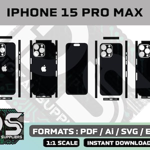Puede incluir: Una plantilla digital para una funda de teléfono iPhone 15 Pro Max. La plantilla es en blanco y negro y muestra el contorno del teléfono, la cámara y los botones. El texto "IPHONE 15 PRO MAX" está en la parte superior de la imagen. El texto "FORMATS: PDF / Ai / SVG / EPS" está en la parte inferior de la imagen. El texto "1:1 SCALE" y "INSTANT DOWNLOAD" también están en la parte inferior de la imagen.