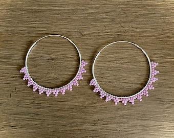 Pink Sterling Silver Earrings, Beaded Hoop Earrings, Lilac Bead Earrings 40mm