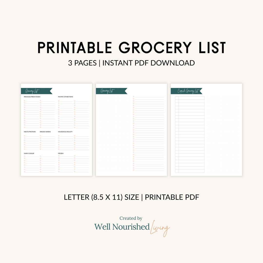 Printable Grocery List PDF, Simple Shopping Planner With Capsule List ...