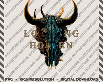 May include: A skull of a longhorn bull with a blue and green color scheme. The skull is surrounded by a dark green and brown leafy background. The word "Longhorn" is written in gold letters across the skull.