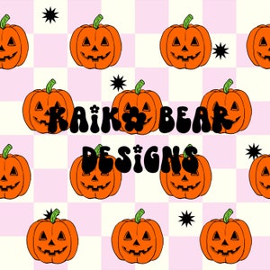 Halloween pumpkin retro seamless pattern checkered seamless fall Groovy seamless pumpkin patch jack o lantern autumn October seamless
