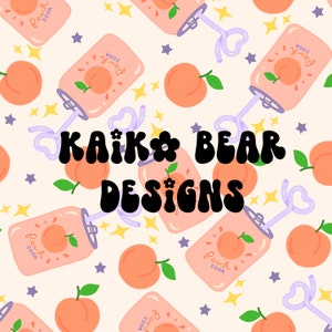 May include: A seamless pattern featuring peach soda cans with a peach graphic and the text "Peach Soda" on a white background with purple, yellow, and blue stars. The text "Kaik* Bear Designs" is in the center of the pattern.