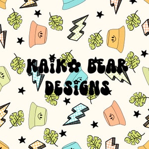 May include: A seamless pattern featuring a variety of colorful elements, including green leaves, yellow and blue bucket hats, lightning bolts, and stars. The text "KAIKX BEAR DESIGNS" is featured in a bold, black font.