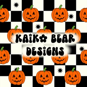 May include: A black and white checkered background with orange jack-o'-lantern pumpkins. The text "KAIK* BEAR DESIGNS" is in the center of the image.