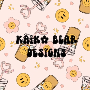 Iced coffee seamless pattern, smiley face flowers, heart straw, spring seamless,retro, Groovy,latte seamless repeat pattern sublimation