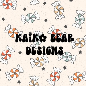 May include: A seamless pattern featuring candy cane-like candies in various colors, including orange, blue, and green, on a beige background with black stars. The text "KAIK* BEAR DESIGNS" is centered in the image.