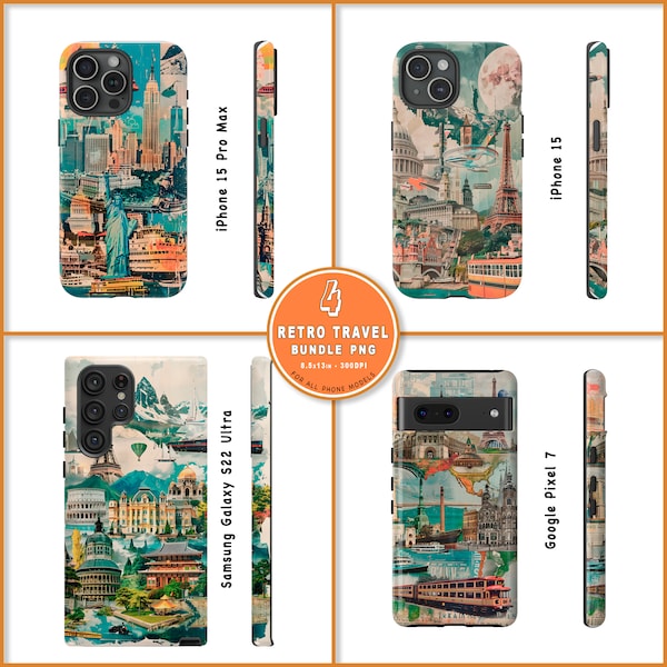 Collage Retro Travel Phone Case Bundle, Vintage 70s Sublimation Design PNG para todos los modelos de teléfono Descarga instantánea, Uso comercial - Regalo