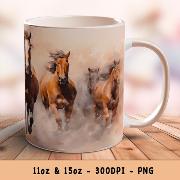 Watercolor Horses Mug Wrap 11oz 15oz Running Horses Sublimation Western Design for Horse Lovers Instant Download - Gift