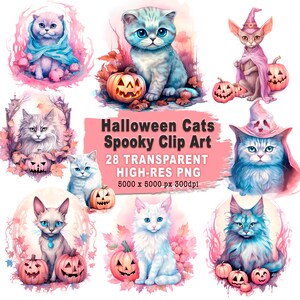 Pastel Halloween Cat Clipart Bundle Transparent Background Spooky PNG Commercial Use - Gift