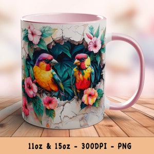 Cute 3D Birds Mug Wrap Hole in Wall Design Gouldian Finch Birds Sublimation 11oz 15oz Mugs Template Instant Download, Commercial Use - Gift