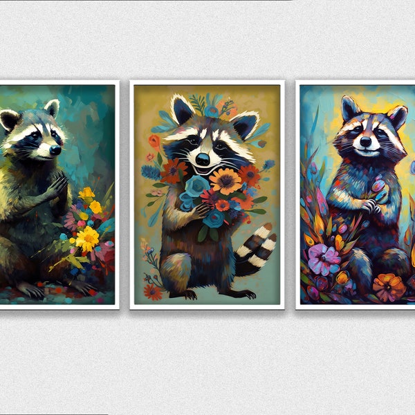 Raccoon Oil Painting set of 3 Nursery Prints Kids Wall Art Funny Animal Paintings Decor Printable Raccoon Woodland Animal Prints - Gift