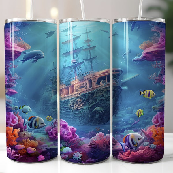 Underwater Neon Sea 20 oz Skinny Tumbler Sublimation Seamless Design - Ocean Scene, Commercial Use, Tapered and Straight Template - Gift